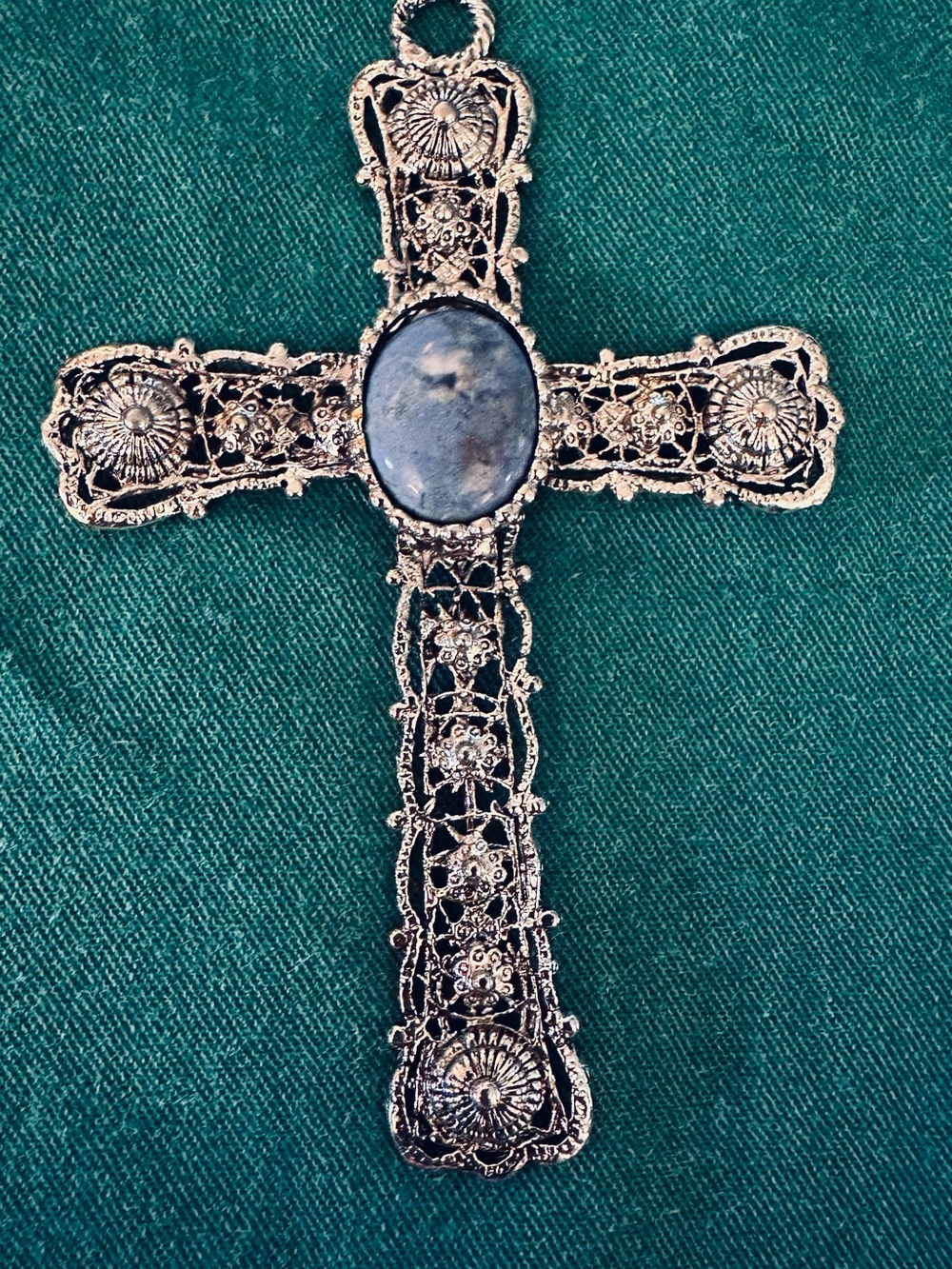 4 inch Charm Angelite Cabochon Cross Pendant Antiqued Silver Tone